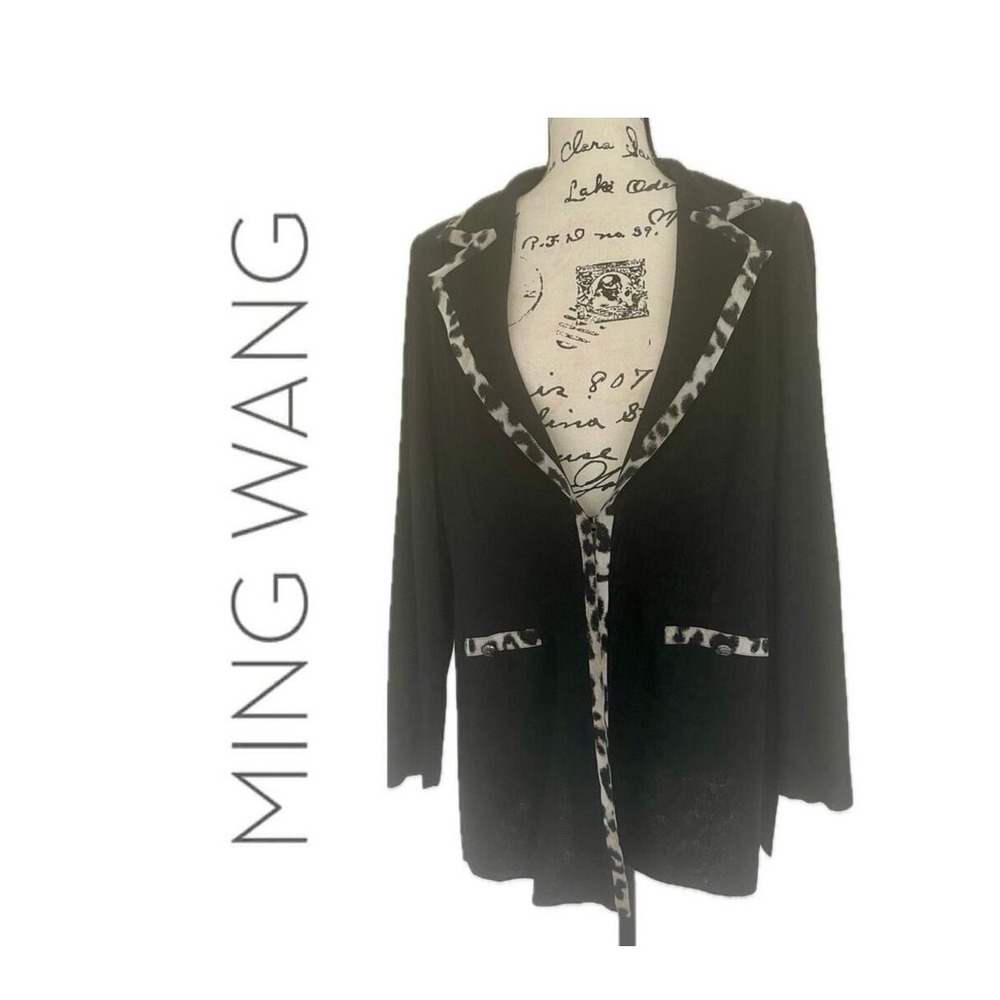 Ming Wang Black Knit Jacket Leopard Trim Hook Eye Closure Medium Baddiecore